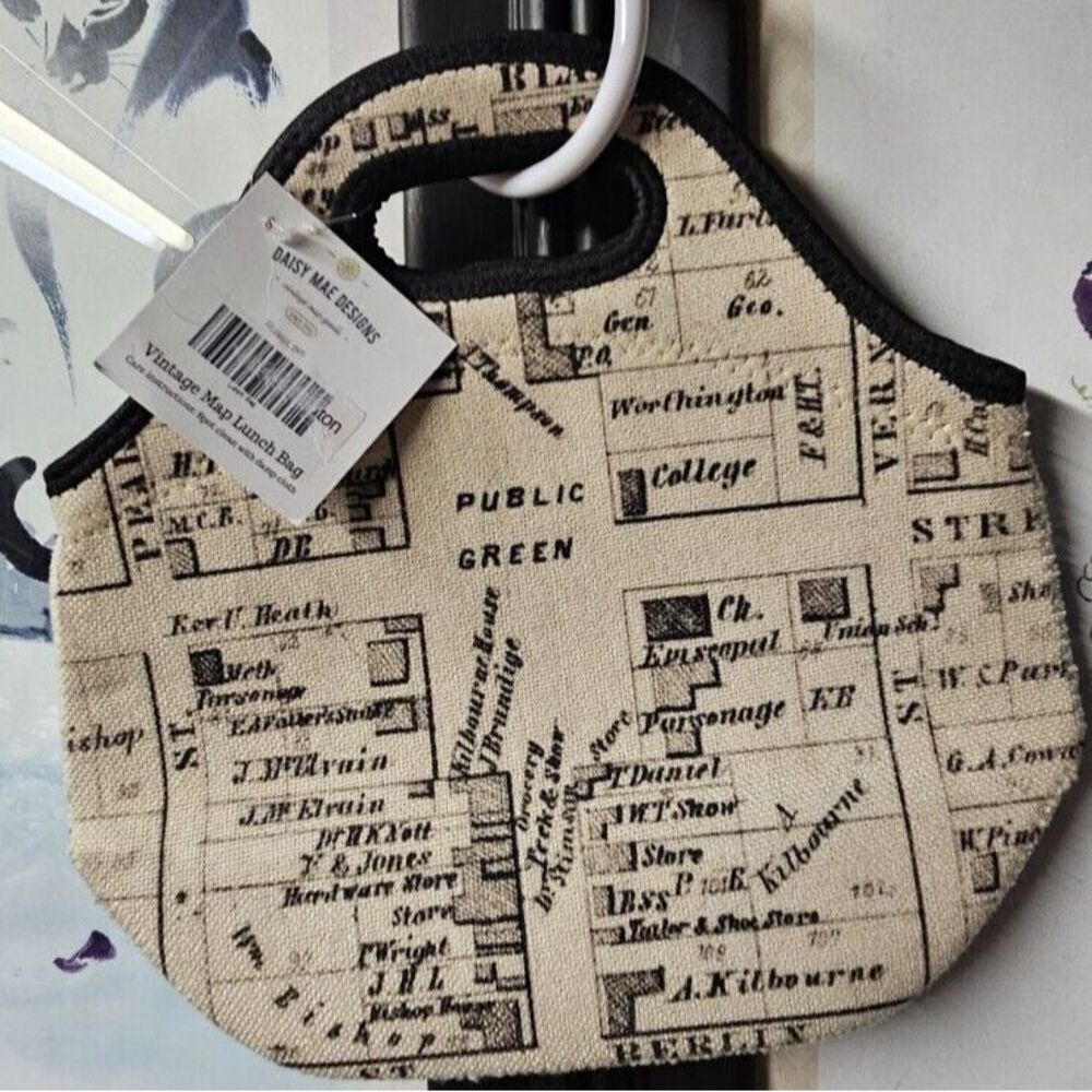 NWT Daisy Mae designs Vintage map Lunch bag Neoprene+Polycotton w/zipper